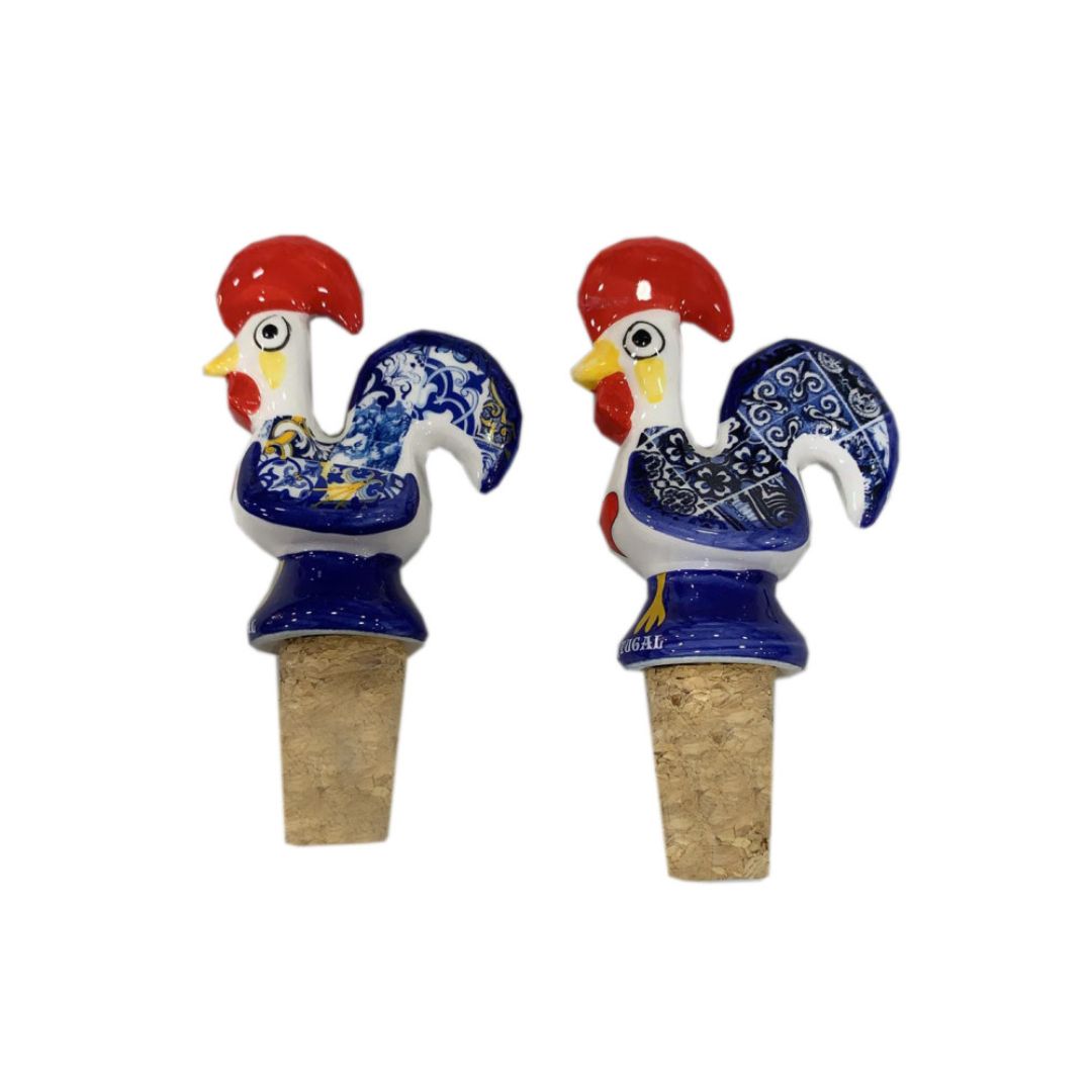 Set of 2 Azulejo Design Rooster Cork Stopper 5"