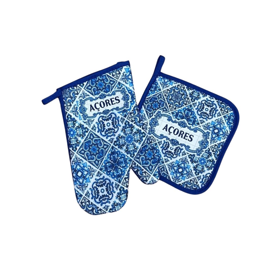 Blue Azulejo with Acores Oven Mitt and Pot Holder Set 11"