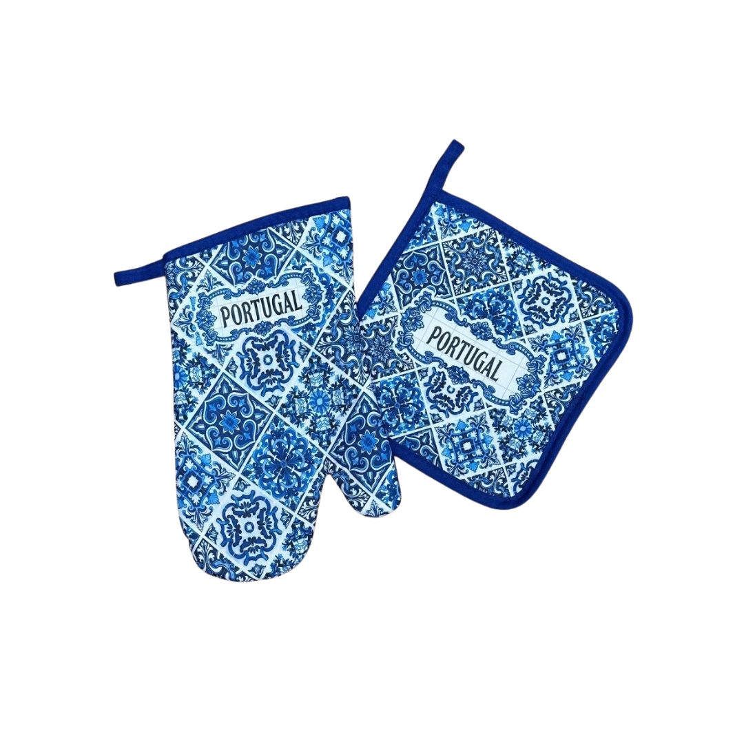 Blue Azulejo with Portugal Oven Mitt and Pot Holder Set 11"