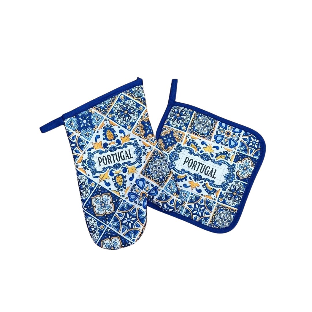 Blue & Yellow Azulejo Portugal Oven Mitt & Pot Holder Set 11"