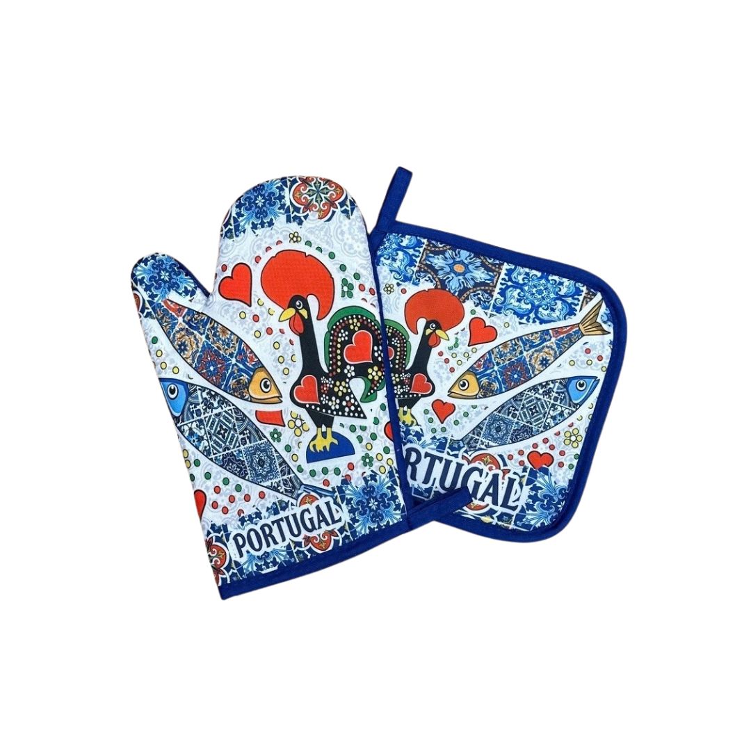 Rooster and Sardines Oven Mitt and Pot Holder Set 11"