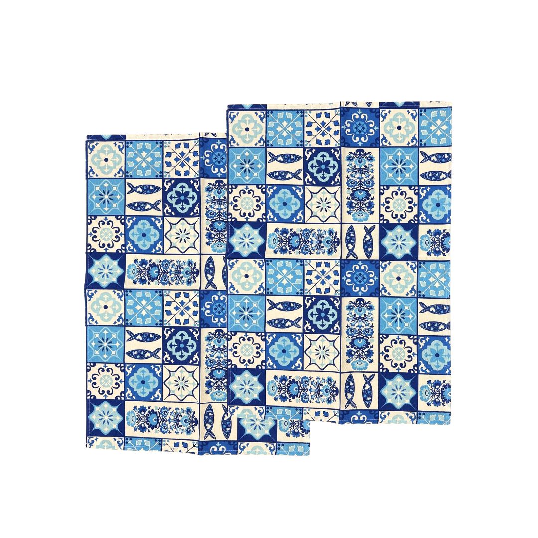 Set of 2 Blue Azulejo Kitchen Towel 20x28"