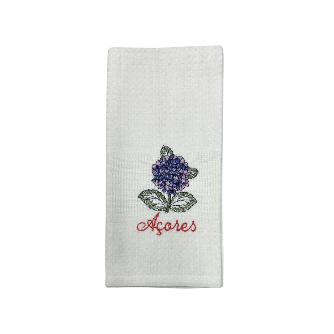 White Kitchen Towel with Hydrangea/Acores Embroidery 20x28"